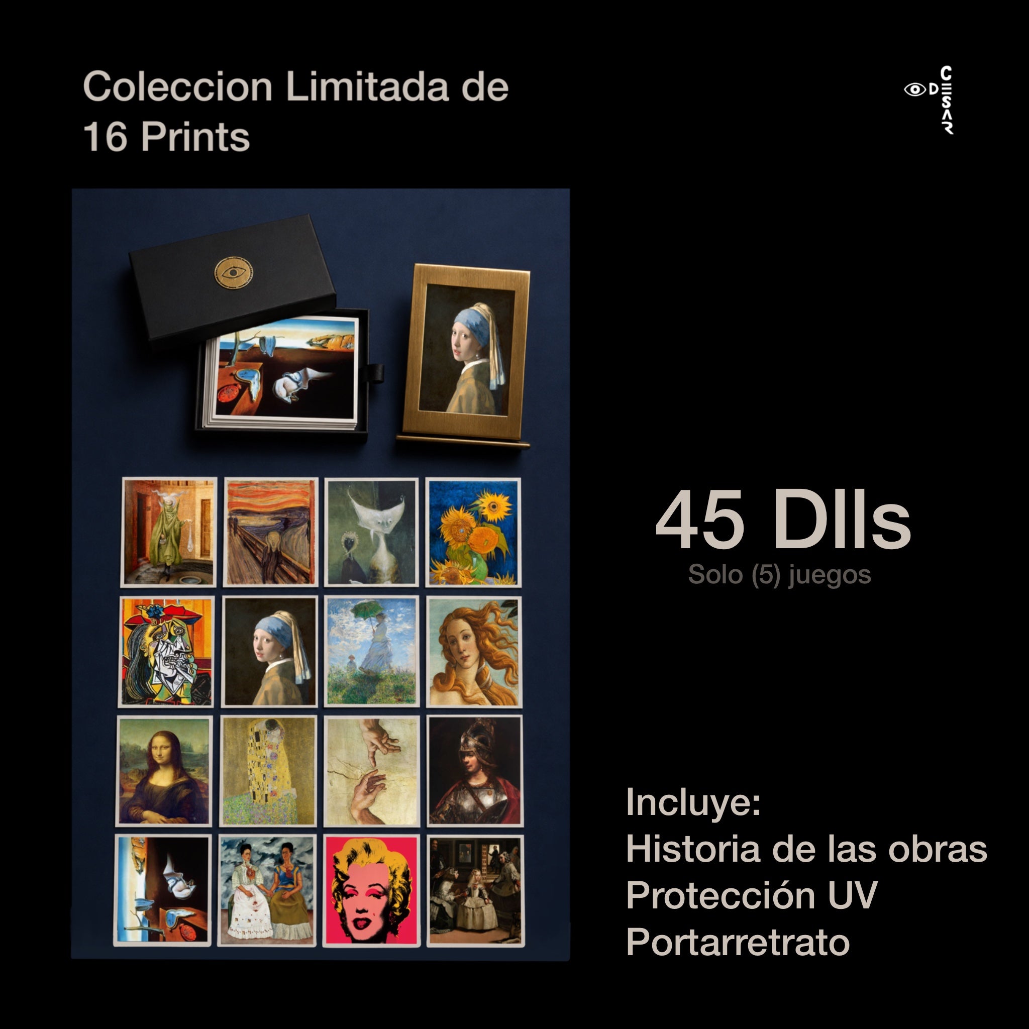 Colección 16 prints postales (historia del arte) + Marco